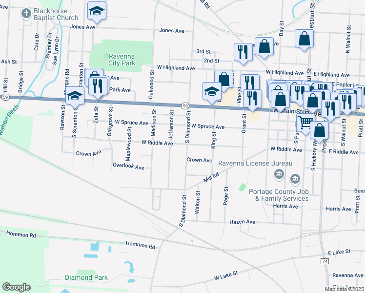 map of restaurants, bars, coffee shops, grocery stores, and more near 401 South Diamond Street in Ravenna