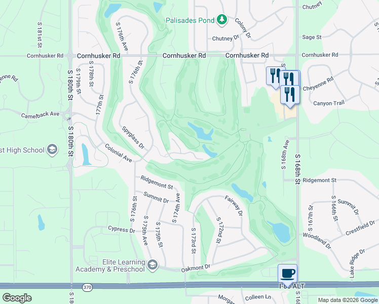map of restaurants, bars, coffee shops, grocery stores, and more near 17476 Riviera Drive in Omaha