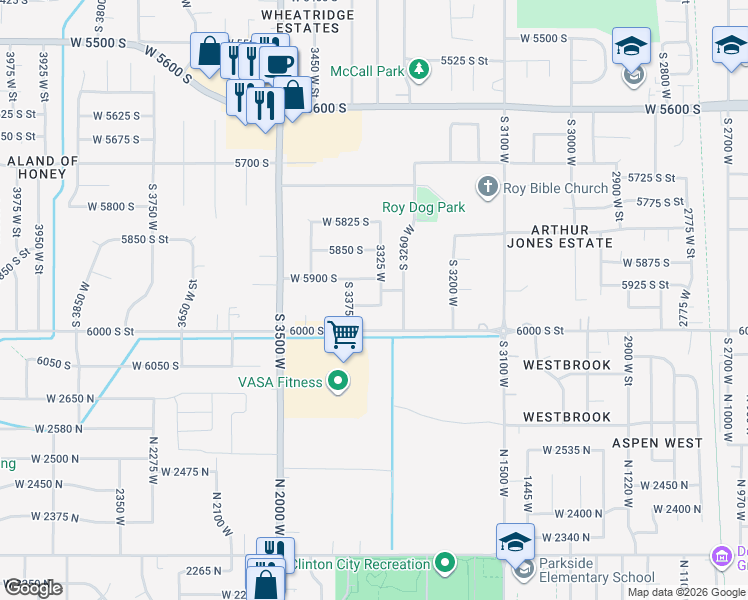 map of restaurants, bars, coffee shops, grocery stores, and more near 5933 3325 West in Roy