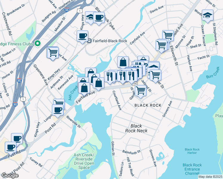 map of restaurants, bars, coffee shops, grocery stores, and more near 3171 Fairfield Avenue in Bridgeport