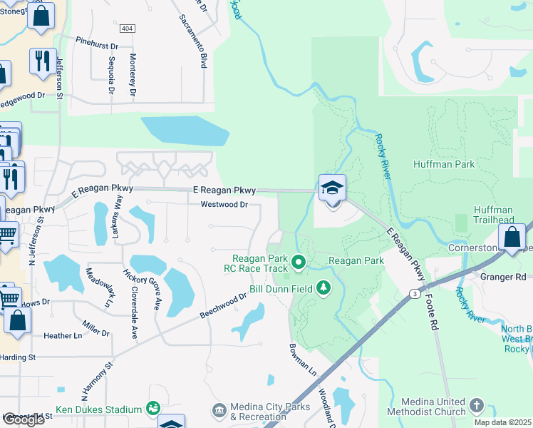 map of restaurants, bars, coffee shops, grocery stores, and more near 1028 Beechwood Drive in Medina