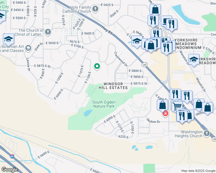 map of restaurants, bars, coffee shops, grocery stores, and more near 5889 Mainpoint Boulevard in South Ogden