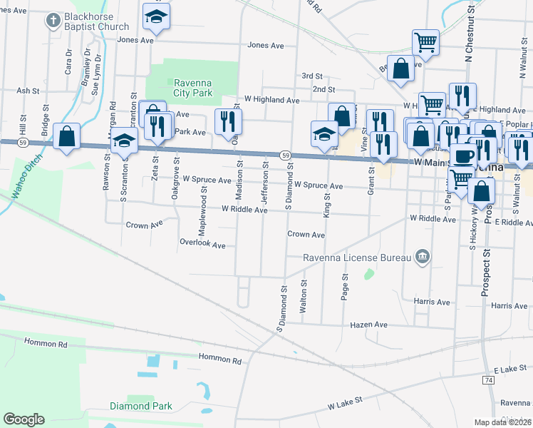 map of restaurants, bars, coffee shops, grocery stores, and more near 821 West Riddle Avenue in Ravenna
