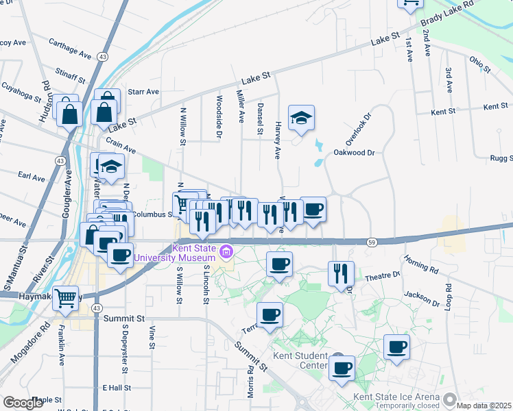map of restaurants, bars, coffee shops, grocery stores, and more near 221 Sherman Street in Kent