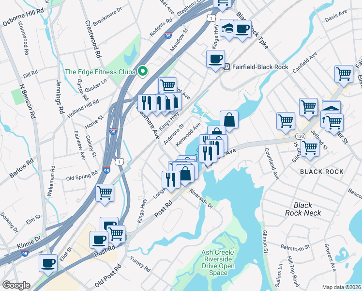 map of restaurants, bars, coffee shops, grocery stores, and more near 24 Kenwood Avenue in Fairfield