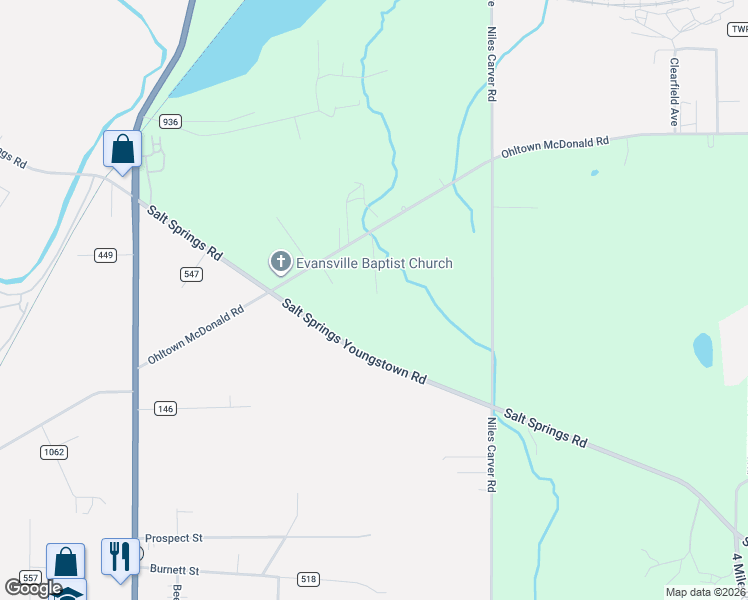 map of restaurants, bars, coffee shops, grocery stores, and more near 1682 Ohltown McDonald Road in Niles