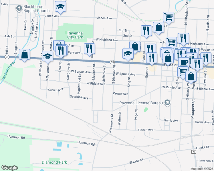 map of restaurants, bars, coffee shops, grocery stores, and more near 821 West Riddle Avenue in Ravenna