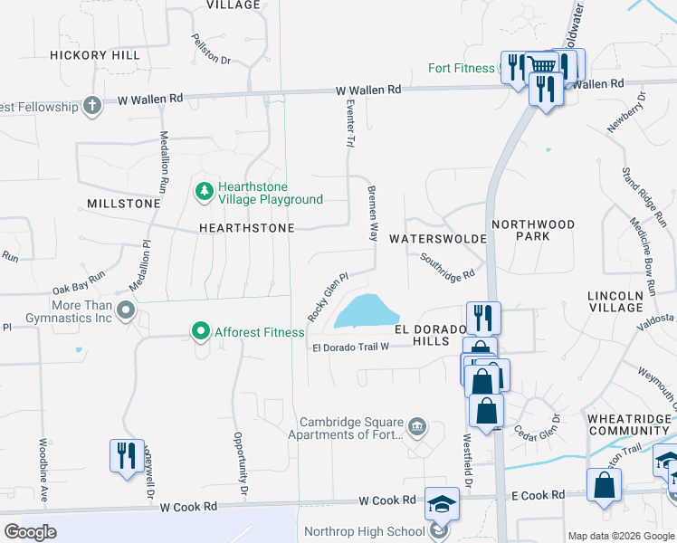 map of restaurants, bars, coffee shops, grocery stores, and more near 8205 Rocky Glen Pl in Fort Wayne