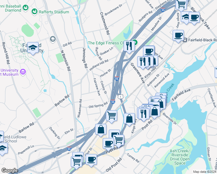 map of restaurants, bars, coffee shops, grocery stores, and more near 255 Meadowbrook Road in Fairfield