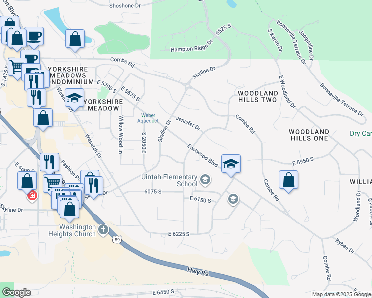map of restaurants, bars, coffee shops, grocery stores, and more near 2111 Eastwood Boulevard in Ogden