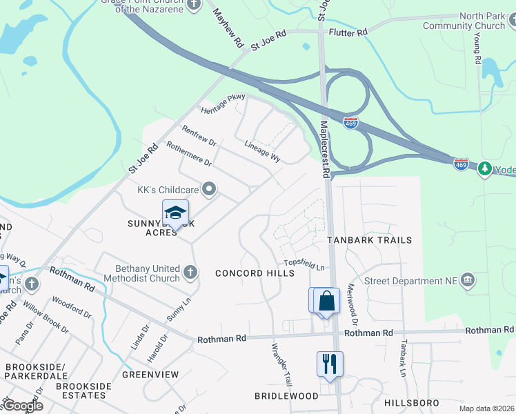 map of restaurants, bars, coffee shops, grocery stores, and more near 6019 Belle Isle Lane in Fort Wayne