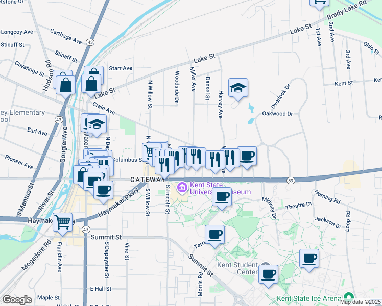 map of restaurants, bars, coffee shops, grocery stores, and more near 217 University Dr in Kent