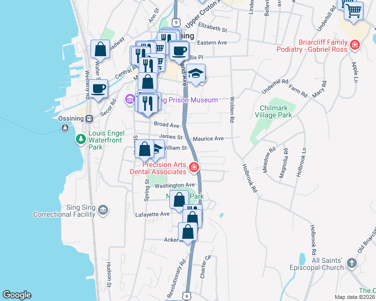 map of restaurants, bars, coffee shops, grocery stores, and more near 80 South Highland Avenue in Ossining