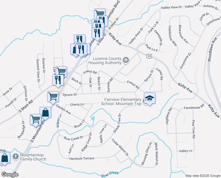 map of restaurants, bars, coffee shops, grocery stores, and more near 73-99 Summit Road in Mountain Top