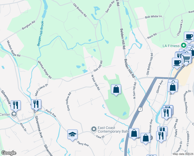 map of restaurants, bars, coffee shops, grocery stores, and more near 148 North Seir Hill Road in Norwalk