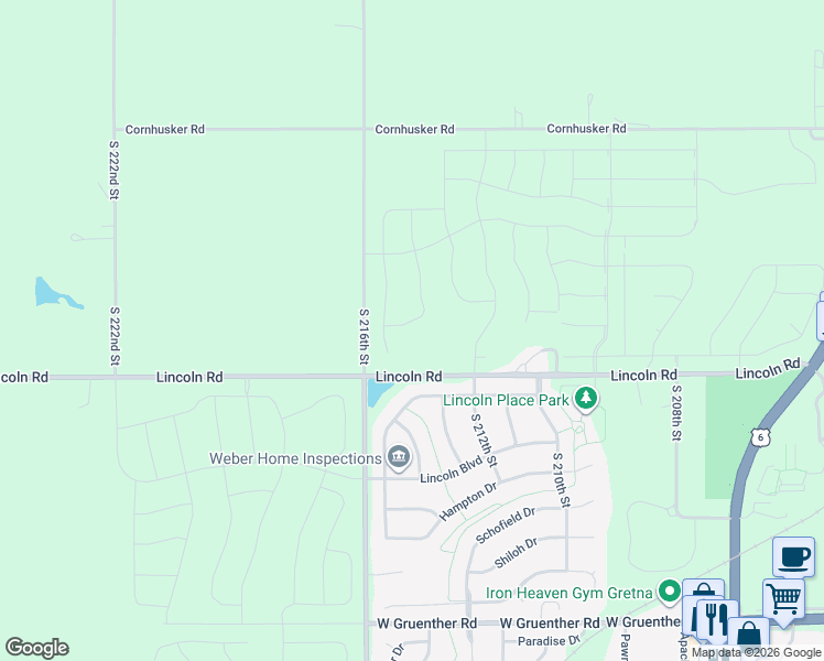map of restaurants, bars, coffee shops, grocery stores, and more near 21417 Upland Street in Gretna