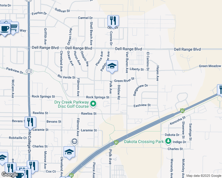 map of restaurants, bars, coffee shops, grocery stores, and more near 4100 Polk Avenue in Cheyenne