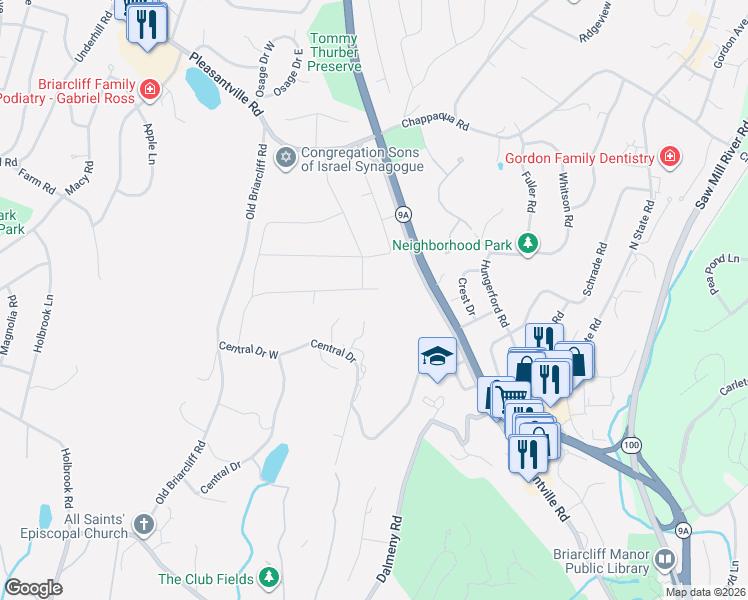 map of restaurants, bars, coffee shops, grocery stores, and more near 110 Cypress Lane in Briarcliff Manor