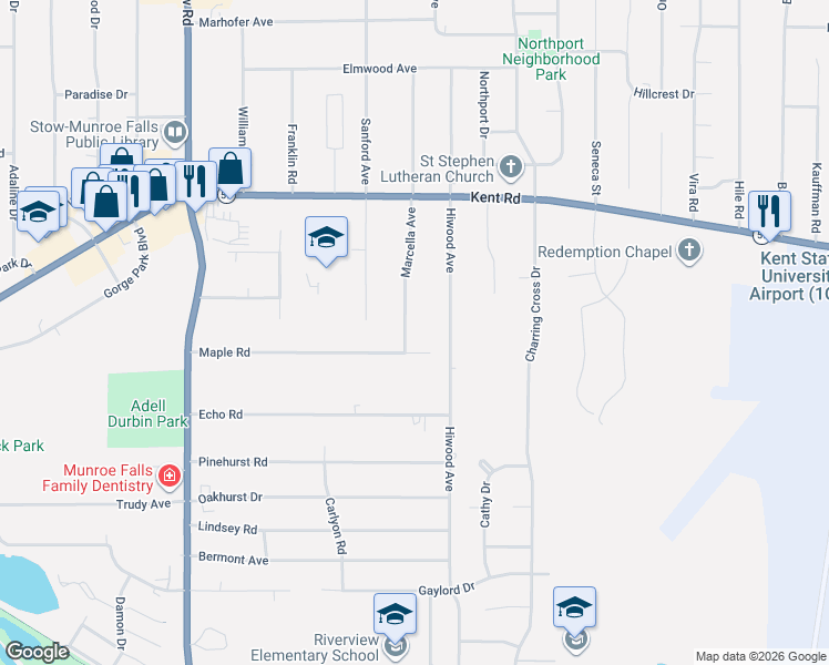 map of restaurants, bars, coffee shops, grocery stores, and more near 3388 Marcella Avenue in Stow