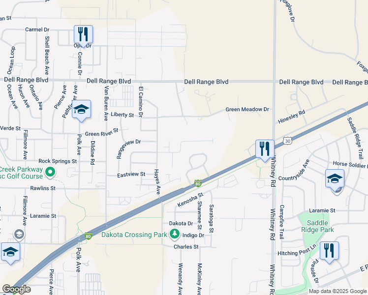 map of restaurants, bars, coffee shops, grocery stores, and more near 4013 Rockwood Drive in Cheyenne