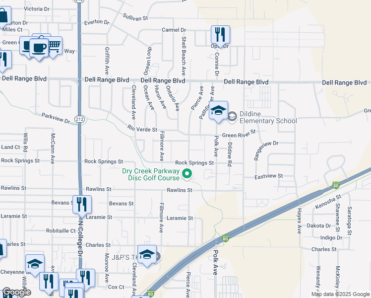map of restaurants, bars, coffee shops, grocery stores, and more near 4112 Pierce Avenue in Cheyenne