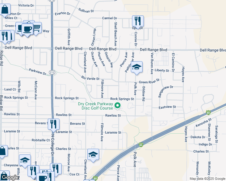 map of restaurants, bars, coffee shops, grocery stores, and more near 4112 Pierce Avenue in Cheyenne