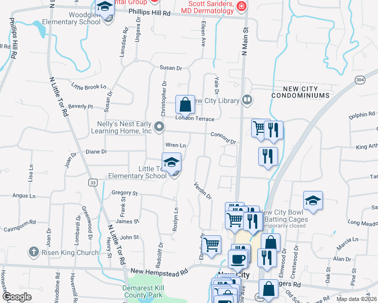 map of restaurants, bars, coffee shops, grocery stores, and more near 6 Wren Lane in New City