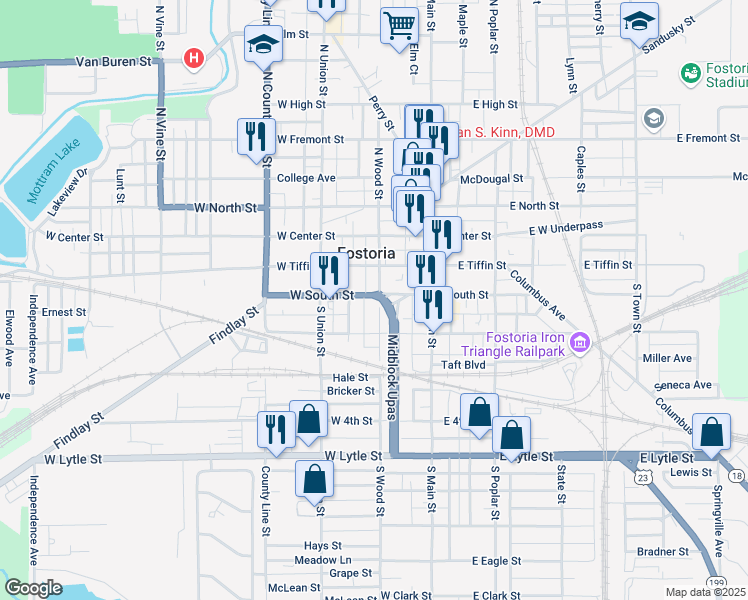 map of restaurants, bars, coffee shops, grocery stores, and more near 303 South Wood Street in Fostoria