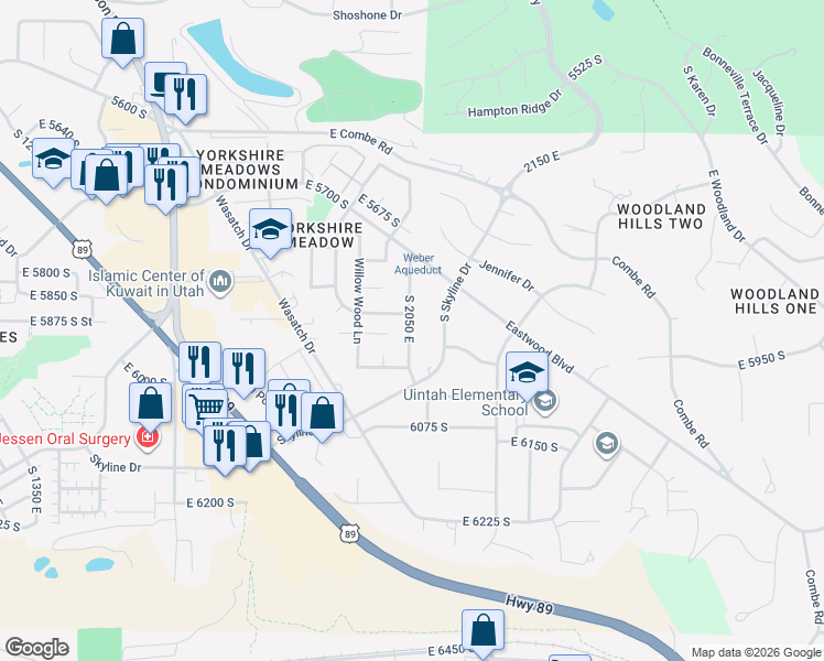 map of restaurants, bars, coffee shops, grocery stores, and more near 5888 South 2050 East in South Ogden
