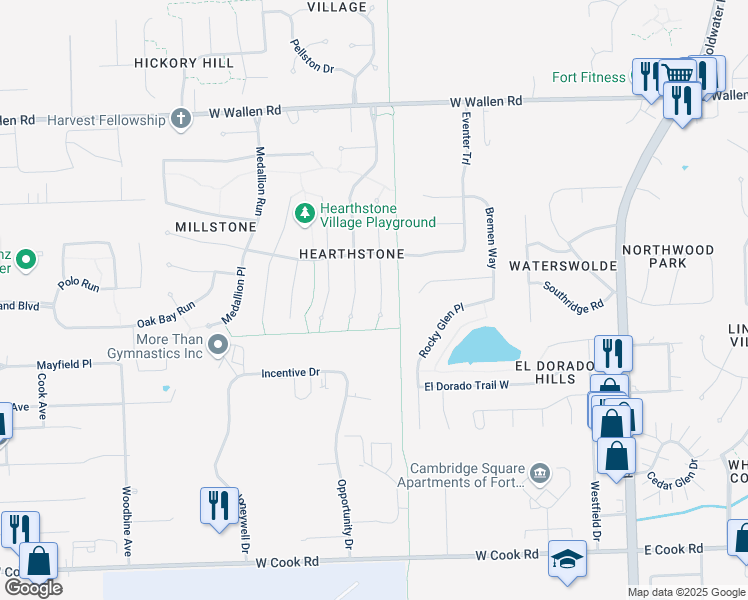 map of restaurants, bars, coffee shops, grocery stores, and more near 8207 Deer Brook Place in Fort Wayne