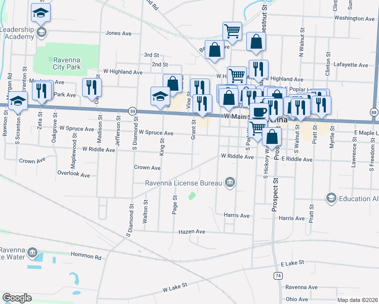 map of restaurants, bars, coffee shops, grocery stores, and more near 270 Grant Street in Ravenna