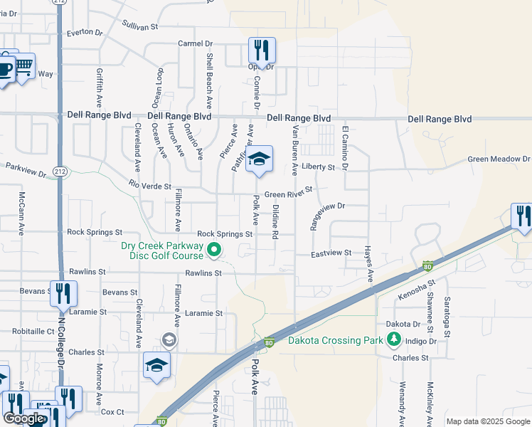 map of restaurants, bars, coffee shops, grocery stores, and more near Sunny Ridge Lane in Cheyenne