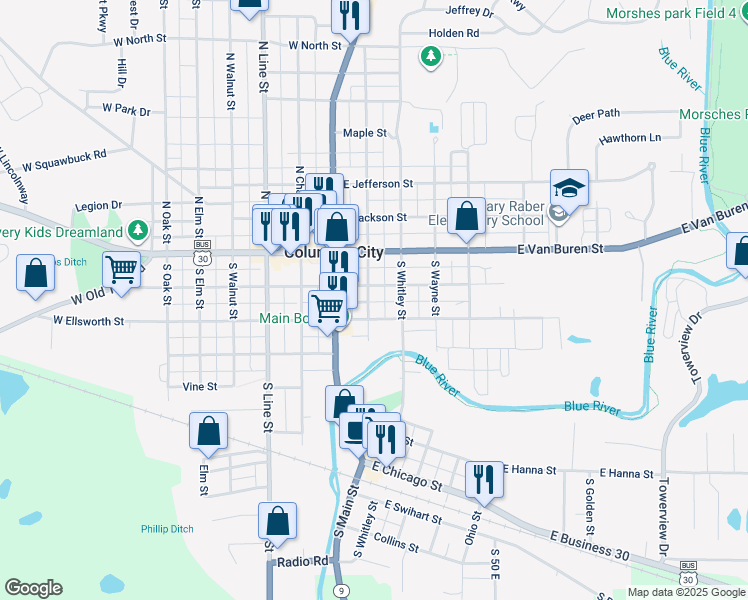 map of restaurants, bars, coffee shops, grocery stores, and more near 207 South Washington Street in Columbia City