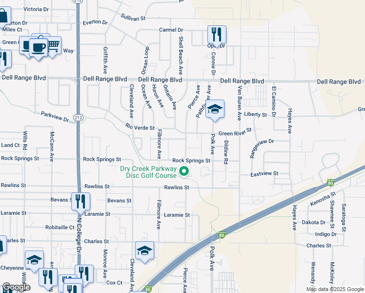 map of restaurants, bars, coffee shops, grocery stores, and more near 4112 Pierce Avenue in Cheyenne