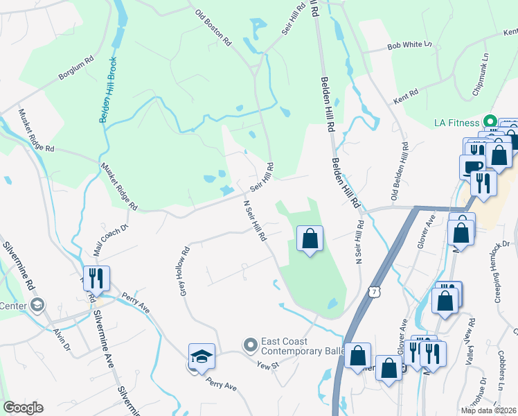 map of restaurants, bars, coffee shops, grocery stores, and more near 148 North Seir Hill Road in Norwalk