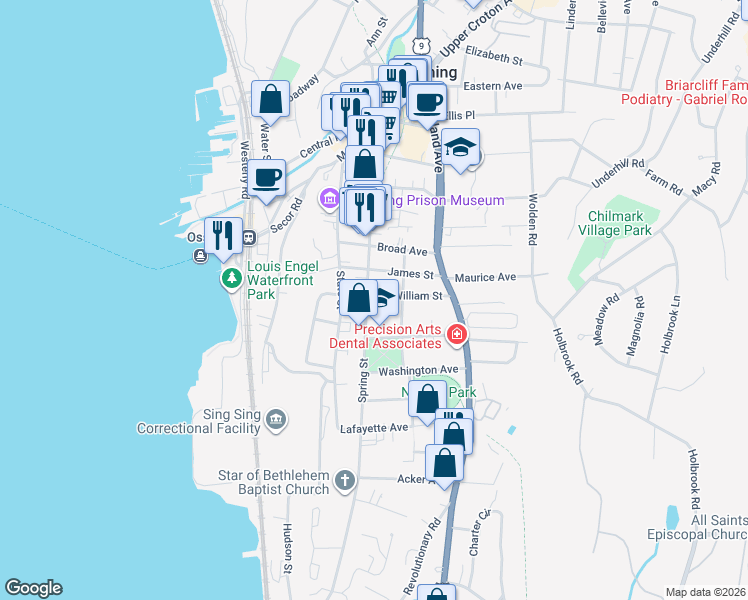 map of restaurants, bars, coffee shops, grocery stores, and more near 172 Spring Street in Ossining