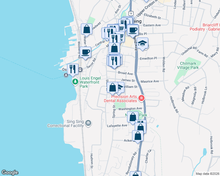 map of restaurants, bars, coffee shops, grocery stores, and more near 172 Spring Street in Ossining