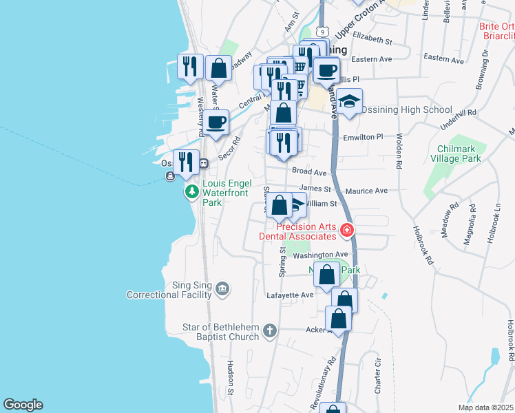 map of restaurants, bars, coffee shops, grocery stores, and more near 2 William Street in Ossining