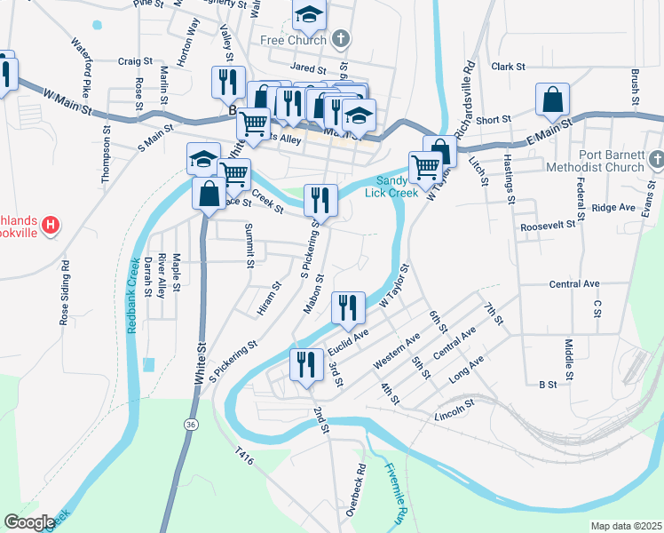 map of restaurants, bars, coffee shops, grocery stores, and more near 50 Mabon Street in Brookville