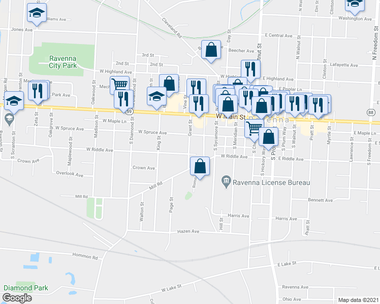 map of restaurants, bars, coffee shops, grocery stores, and more near 270 Grant Street in Ravenna