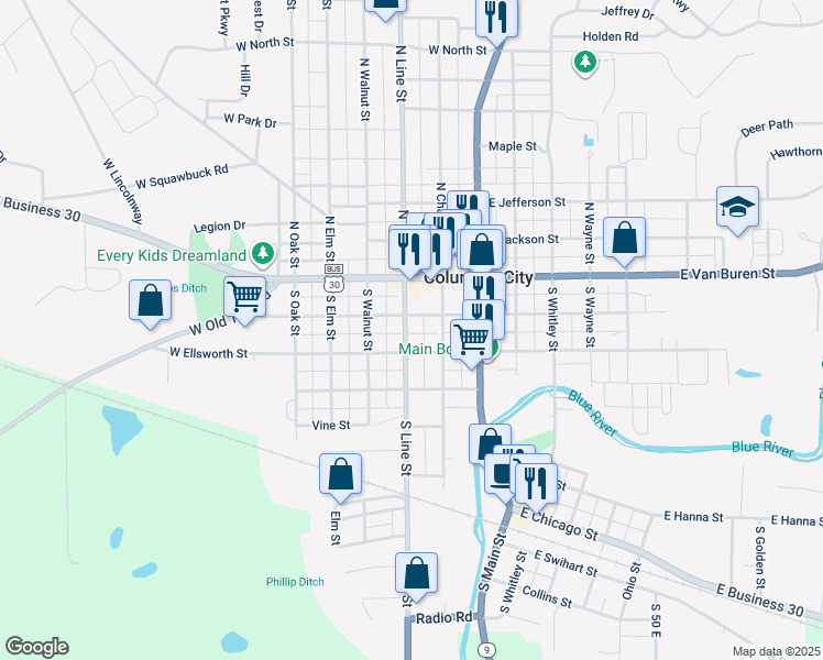 map of restaurants, bars, coffee shops, grocery stores, and more near 207 South Line Street in Columbia City