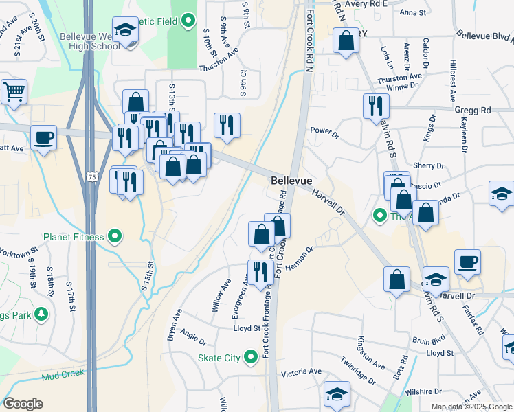 map of restaurants, bars, coffee shops, grocery stores, and more near 620 Fort Crook Road South in Bellevue