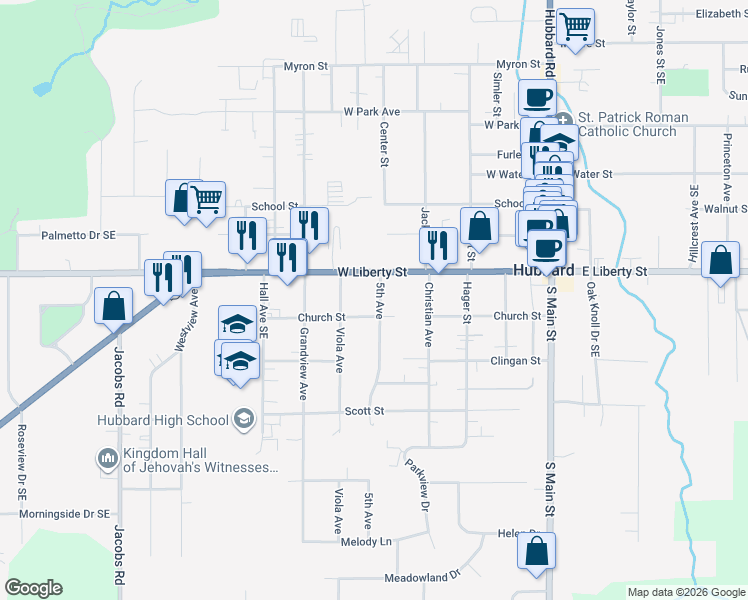 map of restaurants, bars, coffee shops, grocery stores, and more near 40 5th Avenue in Hubbard