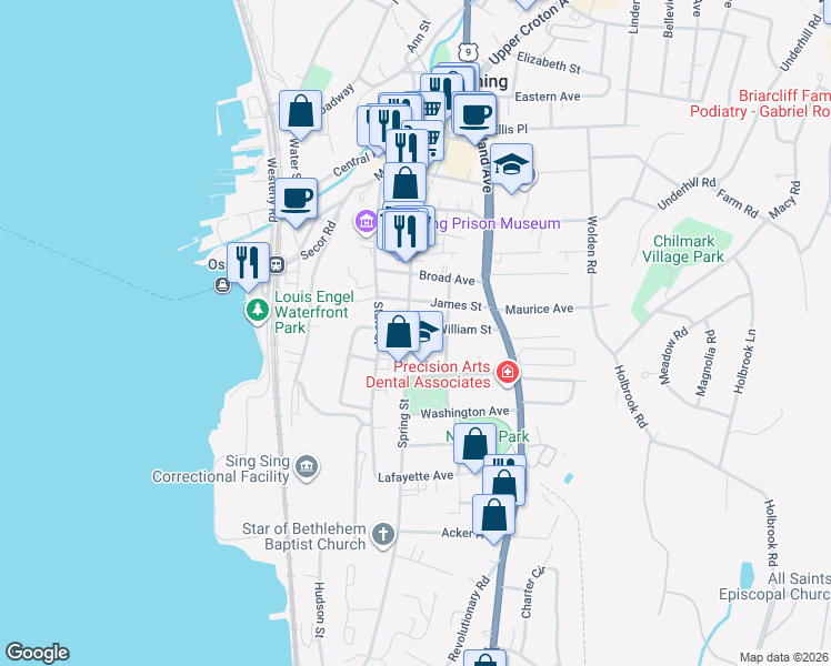 map of restaurants, bars, coffee shops, grocery stores, and more near 172 Spring Street in Ossining