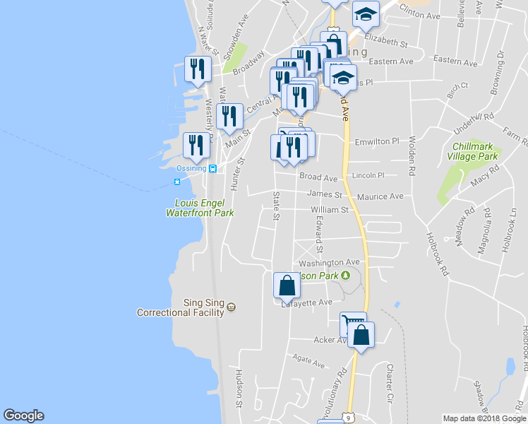map of restaurants, bars, coffee shops, grocery stores, and more near 2 William Street in Ossining