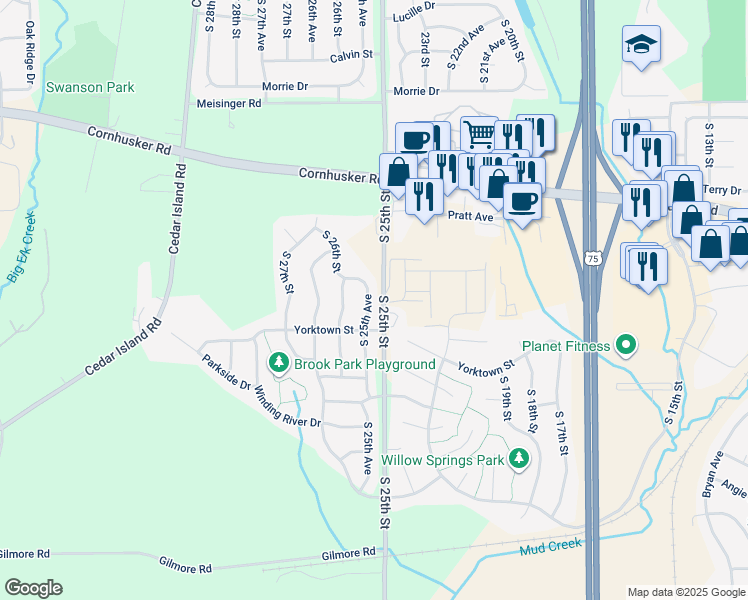 map of restaurants, bars, coffee shops, grocery stores, and more near 10605 South 25th Avenue in Bellevue