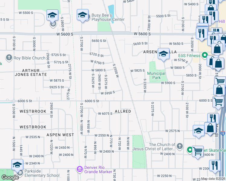 map of restaurants, bars, coffee shops, grocery stores, and more near 2564 West 5950 South in Roy