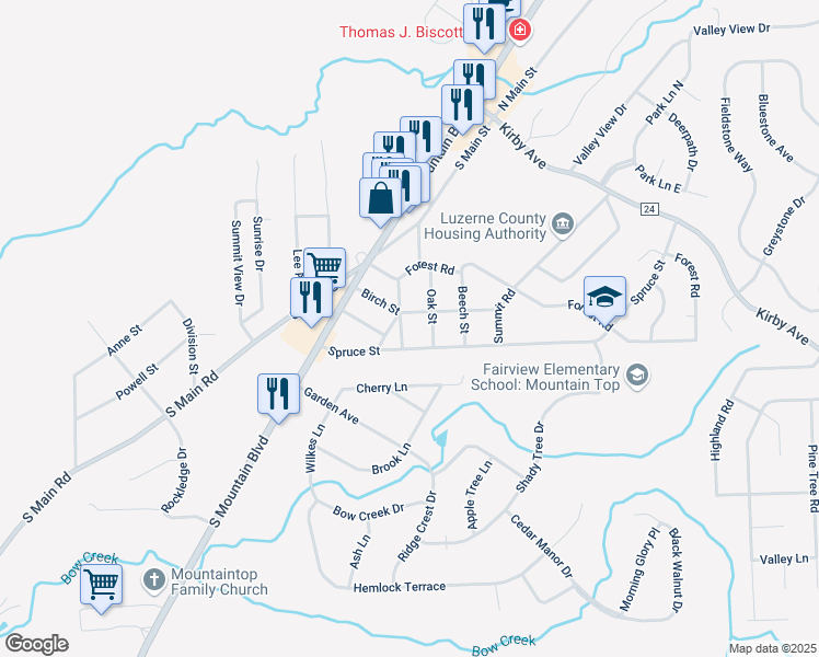 map of restaurants, bars, coffee shops, grocery stores, and more near 36 Elm Street in Mountain Top