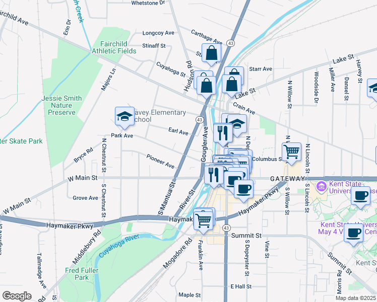 map of restaurants, bars, coffee shops, grocery stores, and more near 211 North Mantua Street in Kent