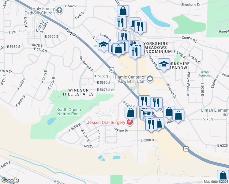 map of restaurants, bars, coffee shops, grocery stores, and more near 1421 East 5875 South Street in South Ogden
